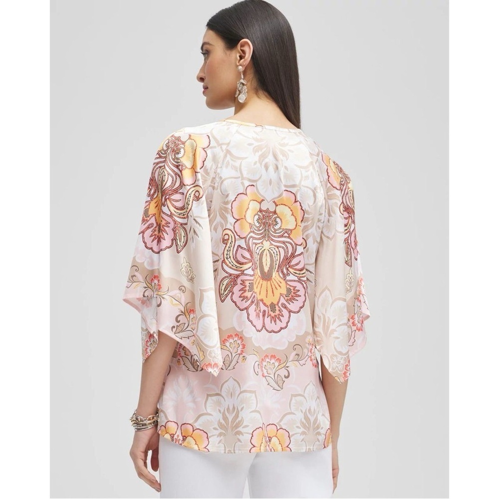 Chico's Pastel Scarf Print Satin Floral Keyhole Blouse Top 0 Small 4 - Picture 4 of 12